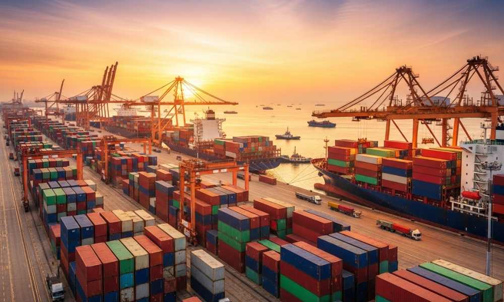 A seaport with many containers and cranes for transporting goods in Canada