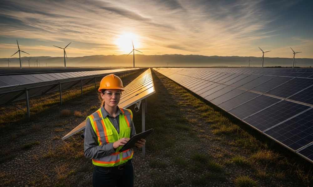 Engineers working at a wind and solar energy site in Canada