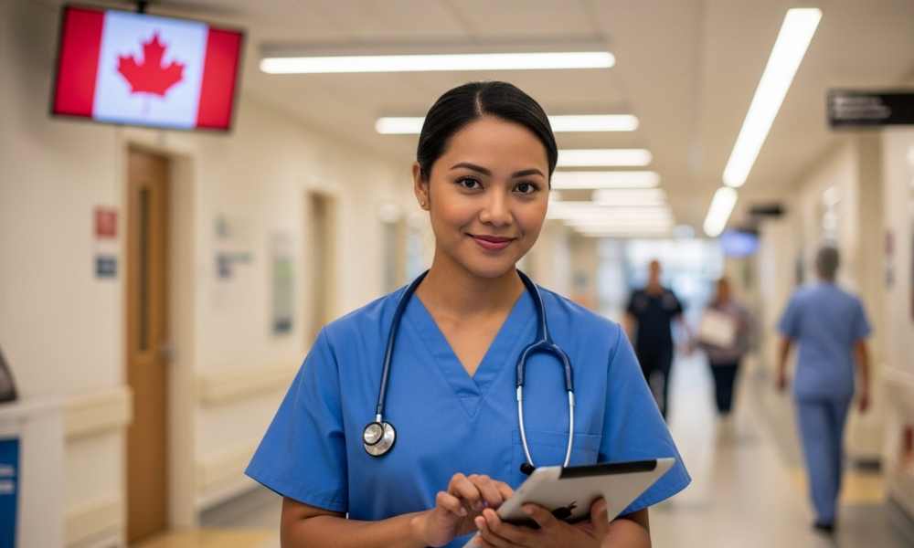 Healthcare professionals working in a modern hospital environment in Canada