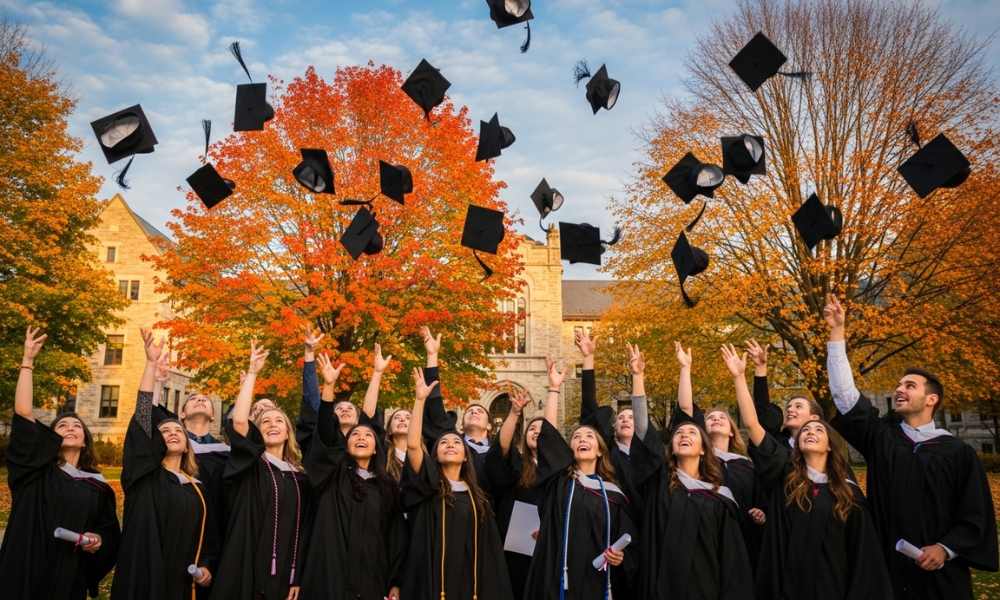 International students tossing their graduation caps on a university campus in Canada