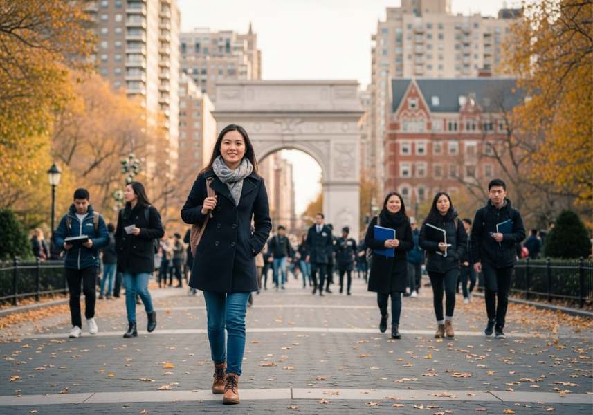 Phạm Thị Thu Thanh tự tin và trưởng thành tại khuôn viên trường đại học ở New York, Mỹ.