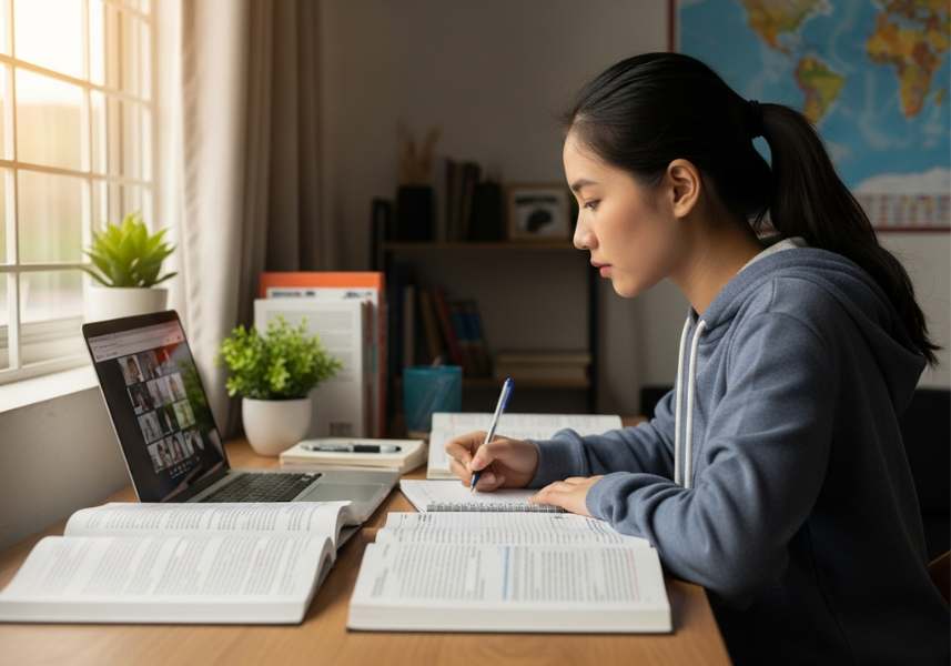 Sự nỗ lực không ngừng nghỉ của Thu Thanh trong việc ôn luyện tiếng Anh để chuẩn bị du học Mỹ.