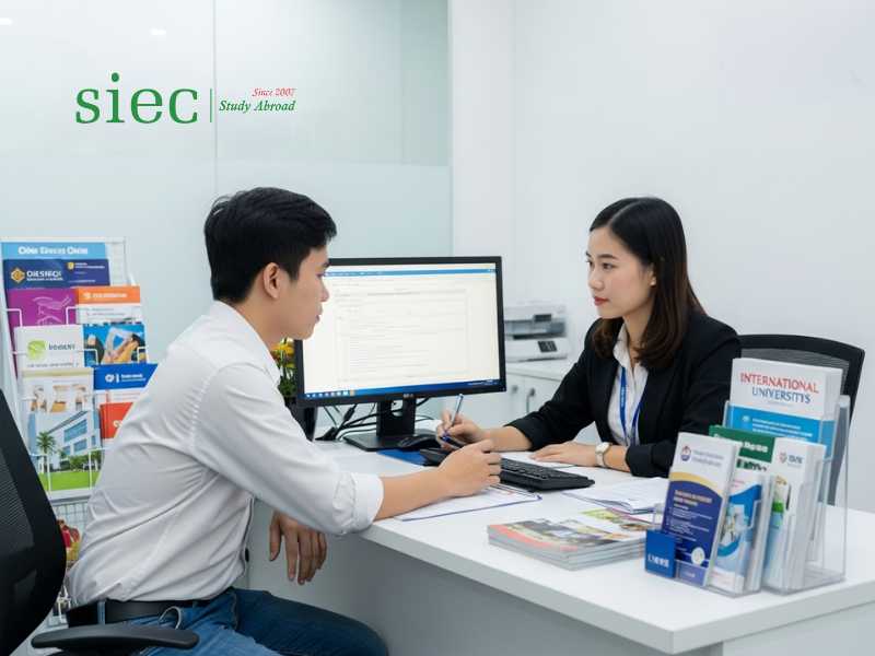 Chuyên viên SIEC đang hỗ trợ khách hàng đăng ký tư vấn du học tại văn phòng.