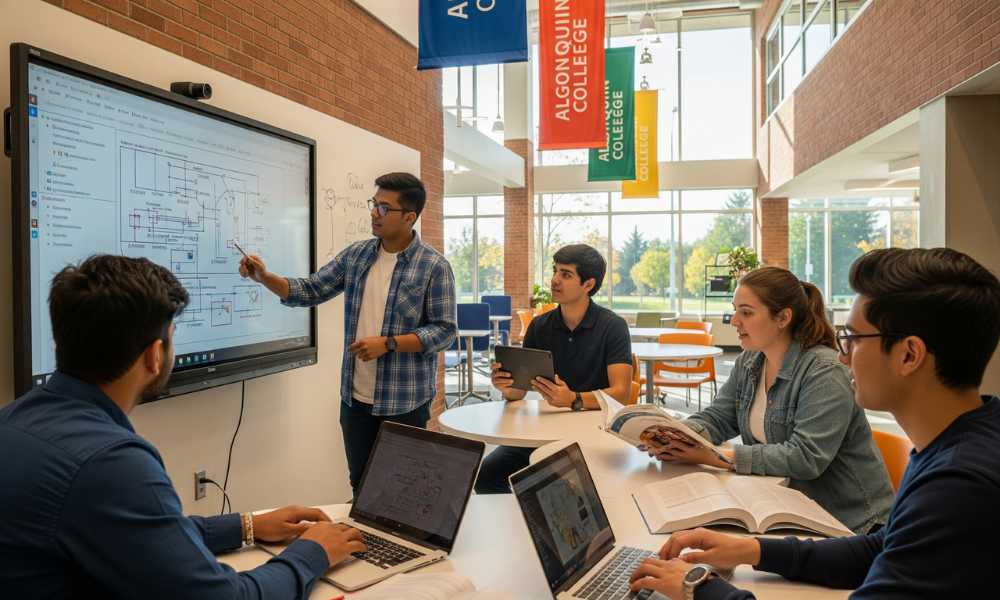 Sinh viên du học Algonquin College đang học nhóm và thuyết trình dự án kỹ thuật trên màn hình tương tác