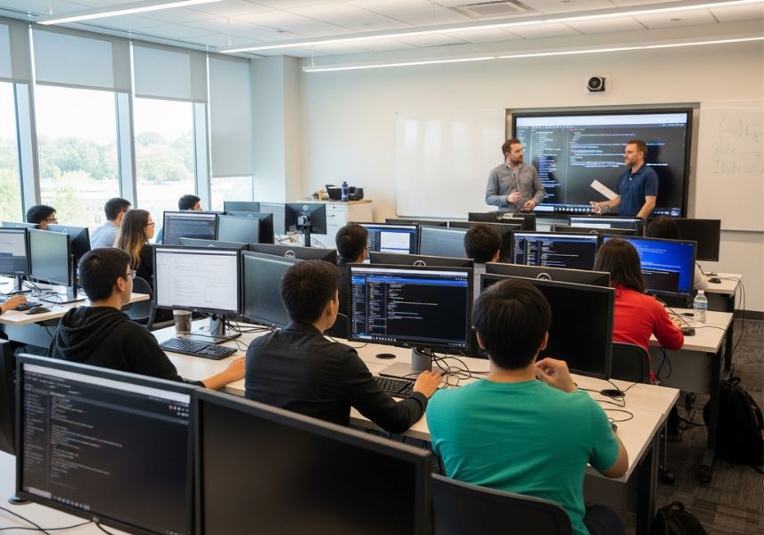 Sinh viên quốc tế học IT tại Canada trong lớp học hiện đại, đáp ứng điều kiện du học Canada ngành IT