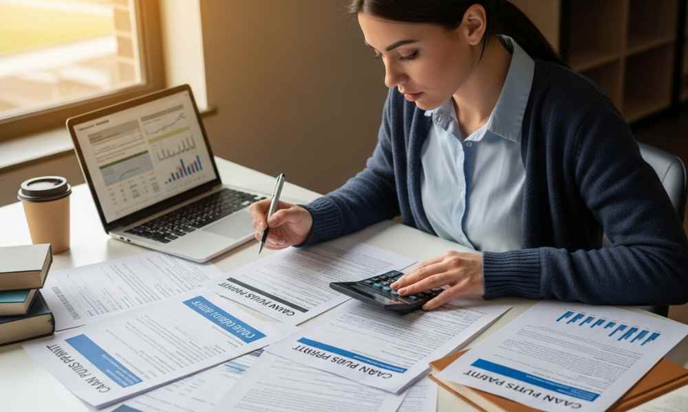 Một phụ huynh đang cẩn thận chuẩn bị hồ sơ chứng minh tài chính du học Canada cho con em.