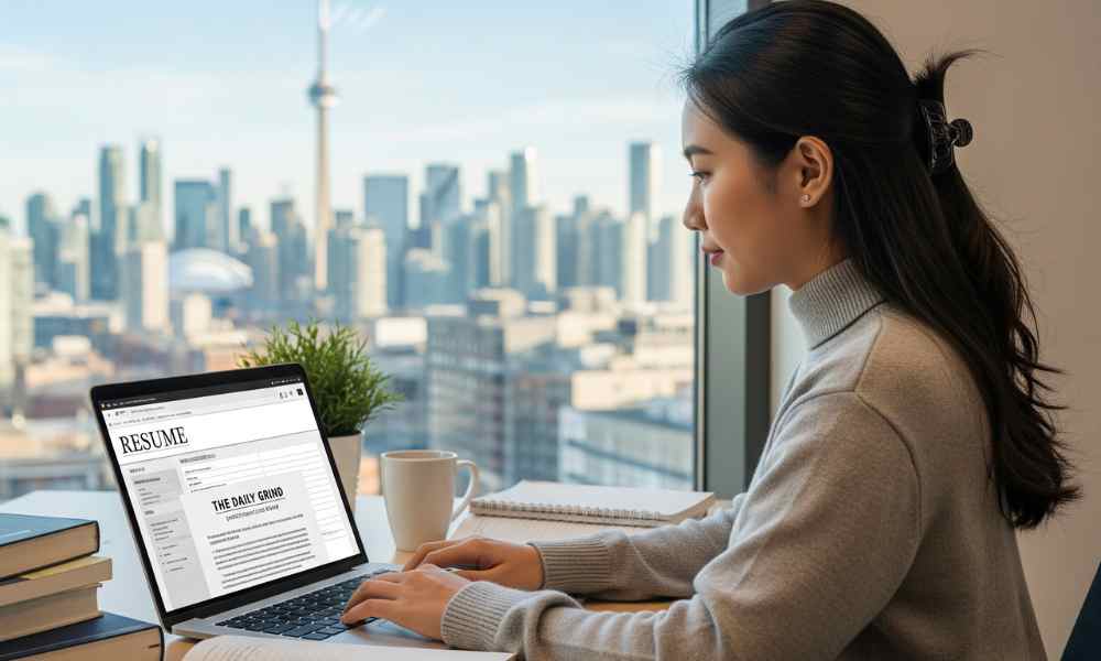 Nữ sinh viên đang chuẩn bị CV trên máy tính để tìm việc làm thêm tại Toronto với khung cảnh thành phố phía sau