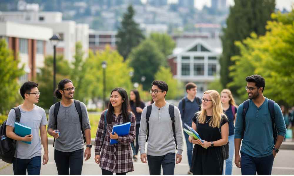 Nhóm sinh viên quốc tế đa dạng đi dạo trong khuôn viên xanh của Douglas College, thể hiện môi trường học tập năng động và thân thiện tại British Columbia