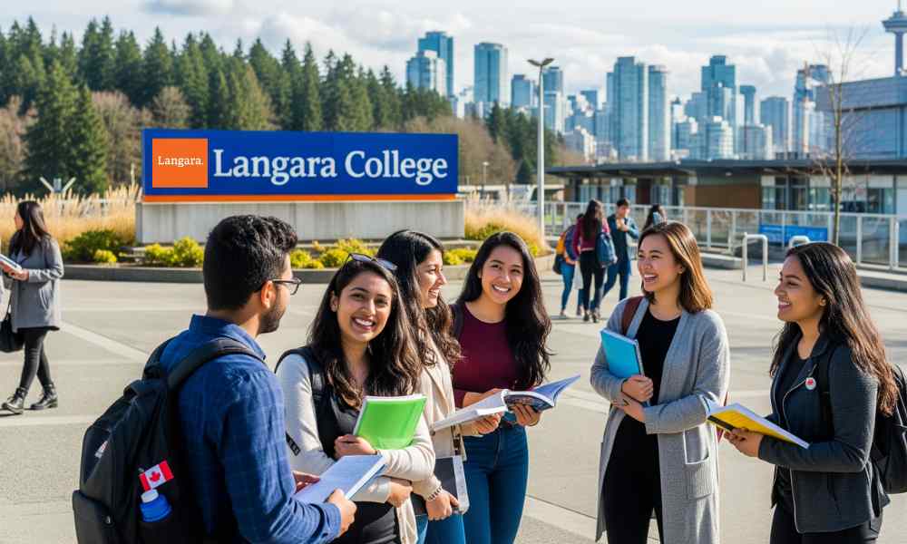 Nhóm sinh viên quốc tế năng động du học Langara College, với bối cảnh thành phố Vancouver, thể hiện môi trường học tập đa văn hóa và hiện đại
