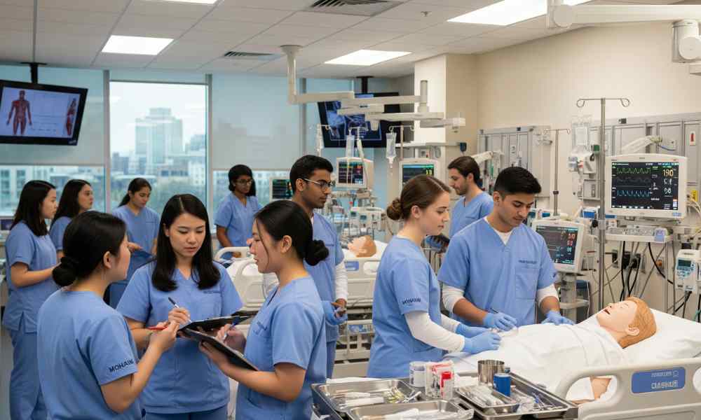 Đội ngũ sinh viên ngành y tế du học Mohawk College đang thực hành nhóm trong phòng thí nghiệm mô phỏng công nghệ cao tại Hamilton.