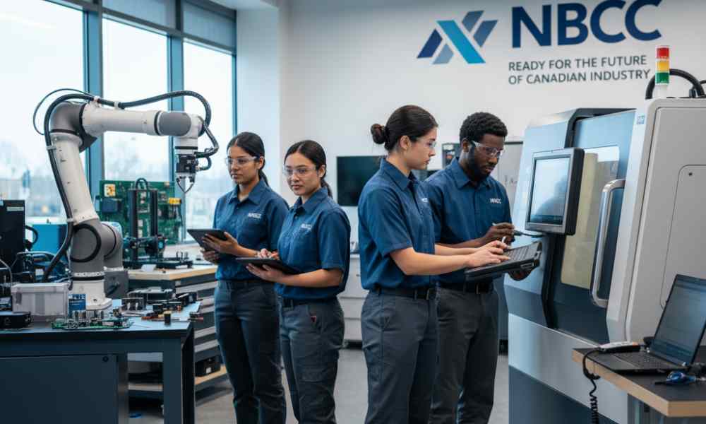 Sinh viên du học NBCC (New Brunswick Community College) thực hành với robot công nghiệp, rèn luyện kỹ năng cho thị trường lao động Canada.