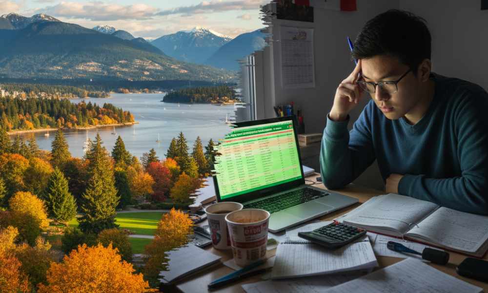 Hình ảnh đối lập giữa vẻ đẹp thiên nhiên của Vancouver và một du học sinh đang tính toán chi phí sinh hoạt, thể hiện thiên đường và thách thức khi du học vancouver.