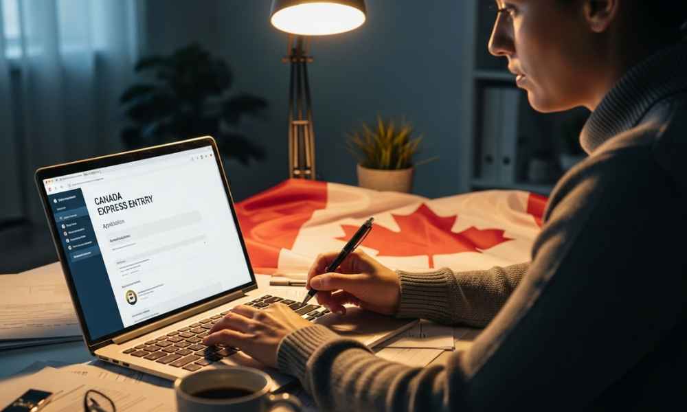 Một ứng viên đang cẩn thận điền hồ sơ Express Entry Canada trực tuyến và kiểm tra điểm CRS của mình