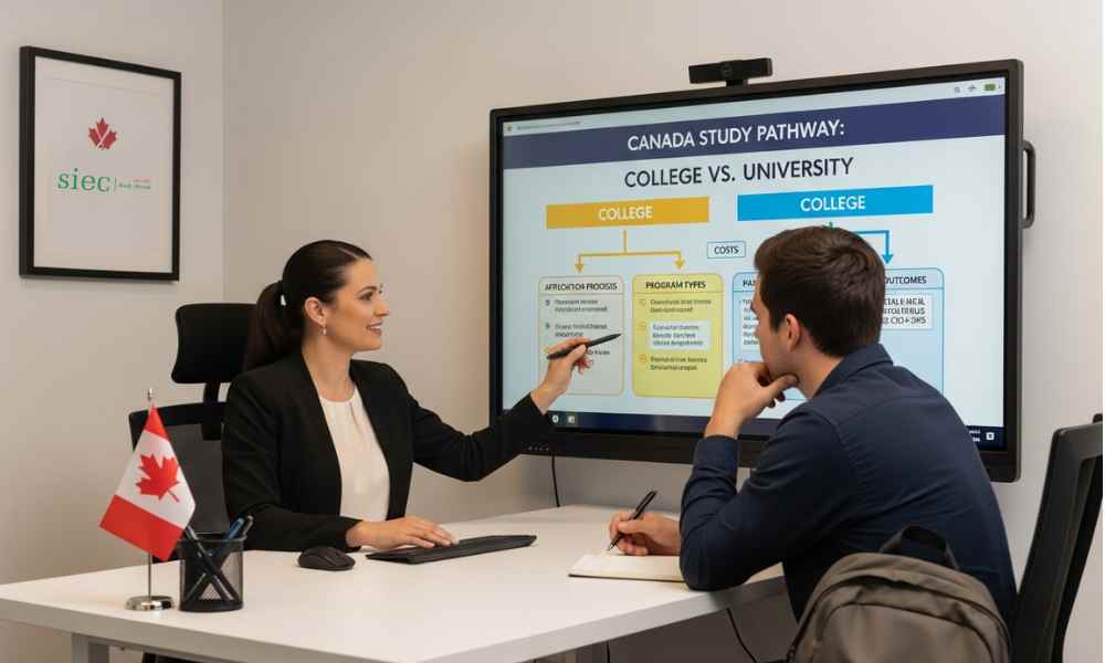 Một chuyên gia tư vấn của SIEC đang vẽ lộ trình du học Canada cho sinh viên, so sánh giữa Cao đẳng và Đại học