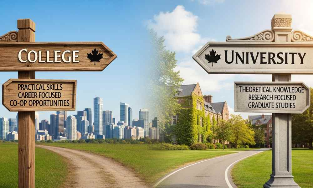 Ngã ba đường với hai biển chỉ dẫn College và University, minh họa cho việc so sánh du học Cao đẳng và Đại học Canada