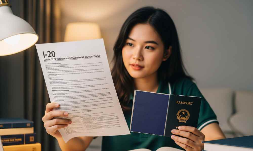 Một sinh viên đang cầm trên tay form I-20 và hộ chiếu, tìm hiểu I-20 là gì để chuẩn bị cho hành trình du học Mỹ