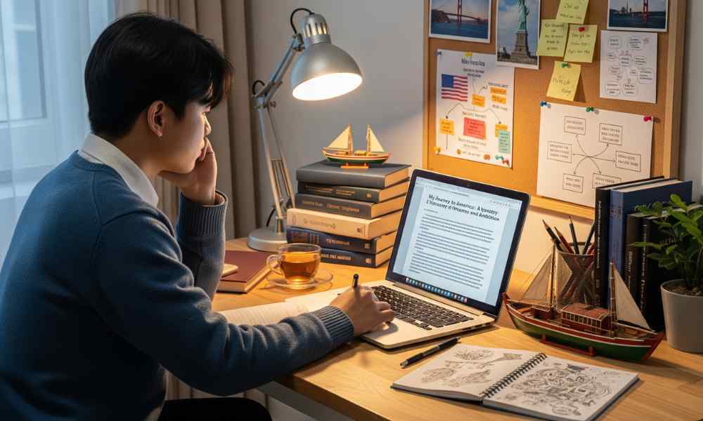 Bài Luận Du Học Mỹ 2026 (Essay): Hướng Dẫn Viết Bài Luận "Chạm" Tới Hội Đồng Tuyển Sinh 1 Một học sinh đang suy tư viết bài luận du học Mỹ 2026, thể hiện sự sáng tạo và chiều sâu cá nhân