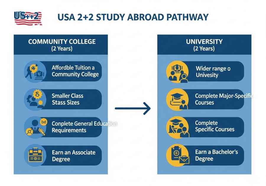 Sơ đồ mô tả lộ trình du học Mỹ qua cao đẳng cộng đồng theo mô hình 2+2, chuyển tiếp từ Community College lên University.