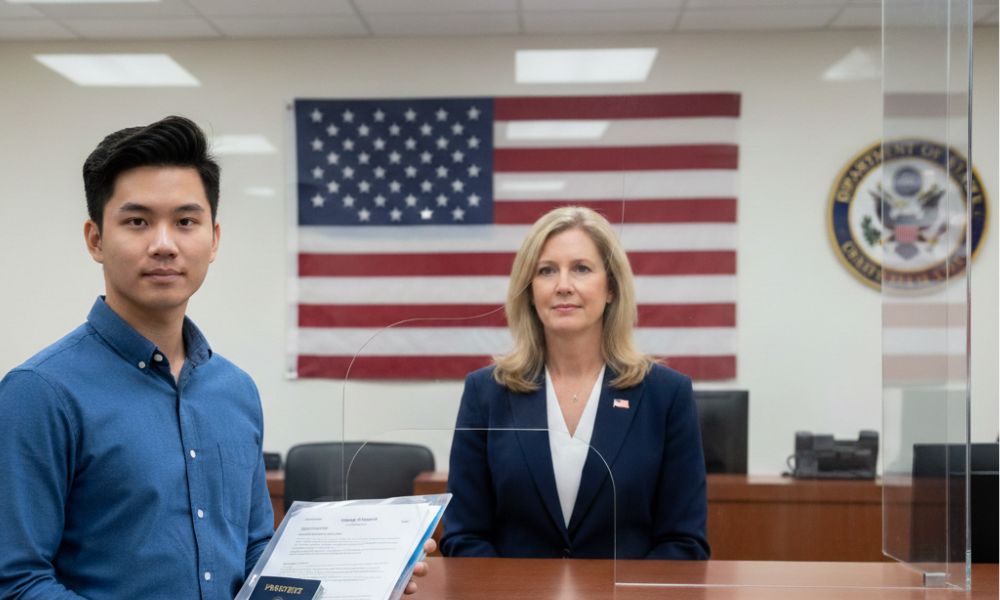 Vietnamese student confidently facing the US student visa interview with the Consular Officer behind the glass window