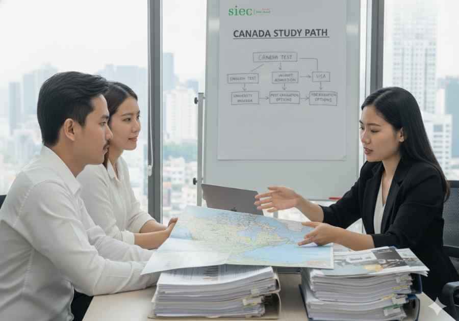 Chuyên gia SIEC tư vấn lộ trình du học Canada với bản đồ và tài liệu