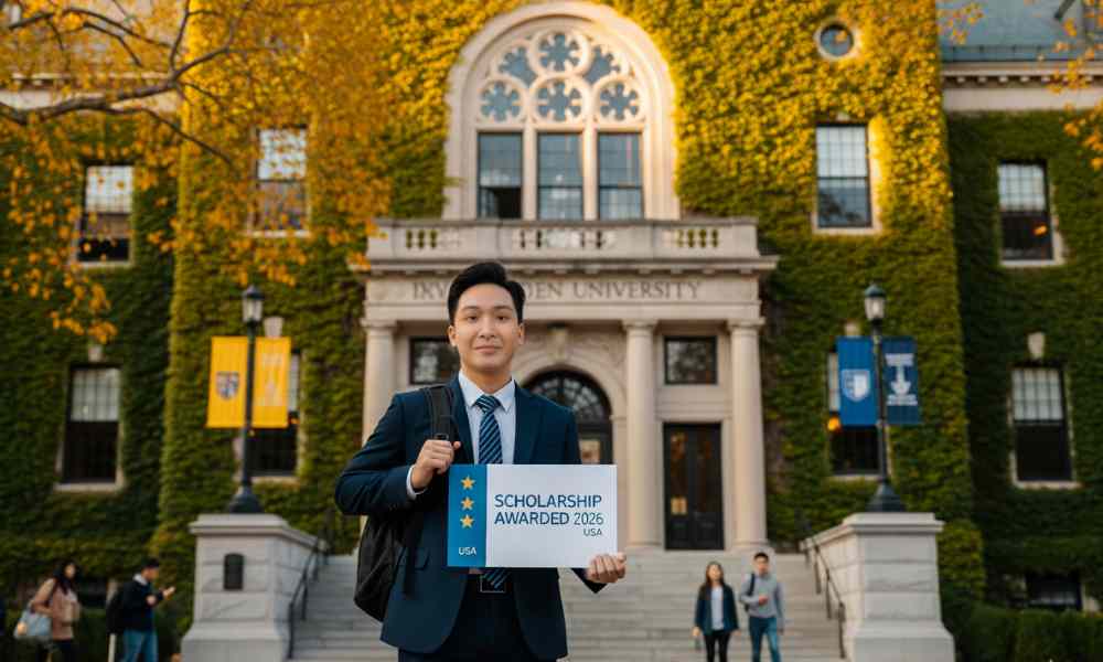 Sinh viên Việt Nam đứng trước khuôn viên trường đại học Ivy League, biểu tượng cho hành trình giành được học bổng du học Mỹ 2026