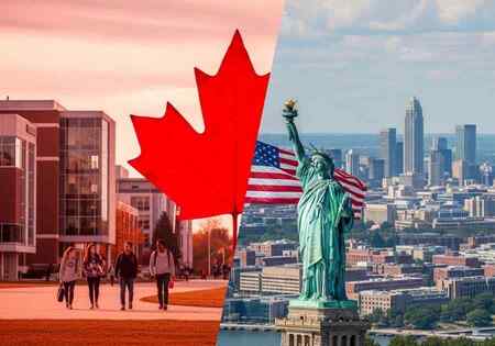 Study in Canada vs. USA 2026: Which Option is the Best Fit for You? 1 Study in Canada vs USA comparison with images of the red maple leaf and the Statue of Liberty, highlighting the differences between the two countries