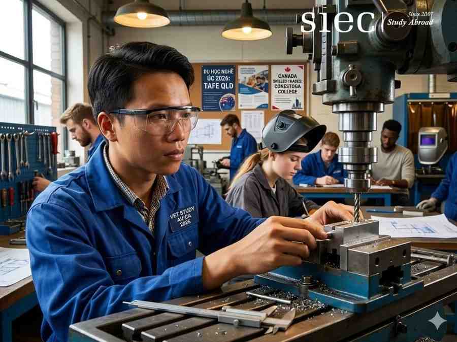 Sinh viên ngành cơ khí trong xưởng thực hành, minh họa du học nghề Úc 2026 và du học nghề Canada 2026