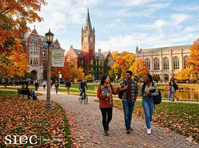 Khuôn viên mùa thu tuyệt đẹp mang phong cách điện ảnh của trường đại học vùng Midwest Mỹ với hàng cây lá vàng đỏ, tòa nhà học thuật cổ kính và sinh viên đi dạo, thể hiện xu hướng du học Mỹ 2026 với môi trường học tập hiện đại, campus rộng lớn và cơ sở vật chất hàng đầu.