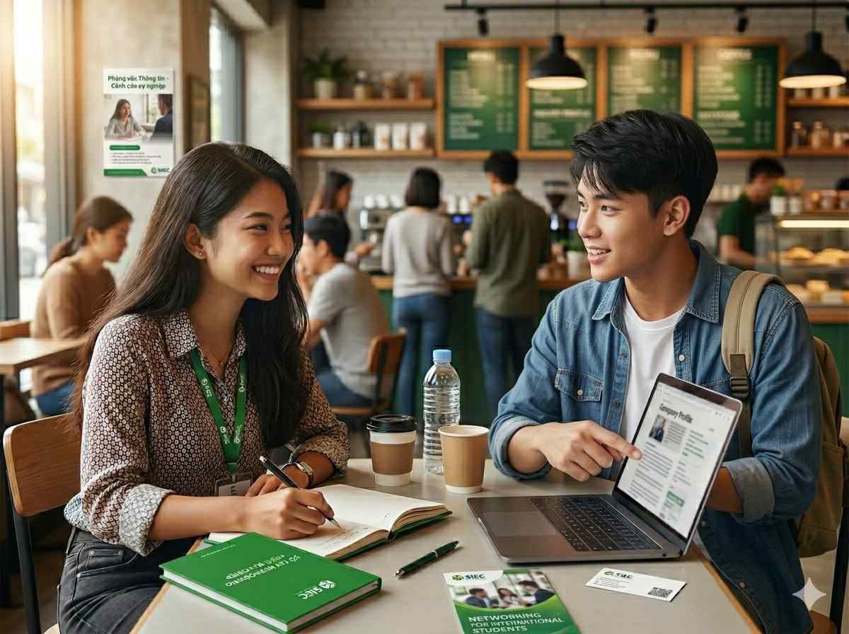 Du học sinh thực hiện buổi phỏng vấn thông tin cùng chuyên gia để networking hiệu quả và tìm kiếm cơ hội việc làm sau tốt nghiệp tại nước ngoài.