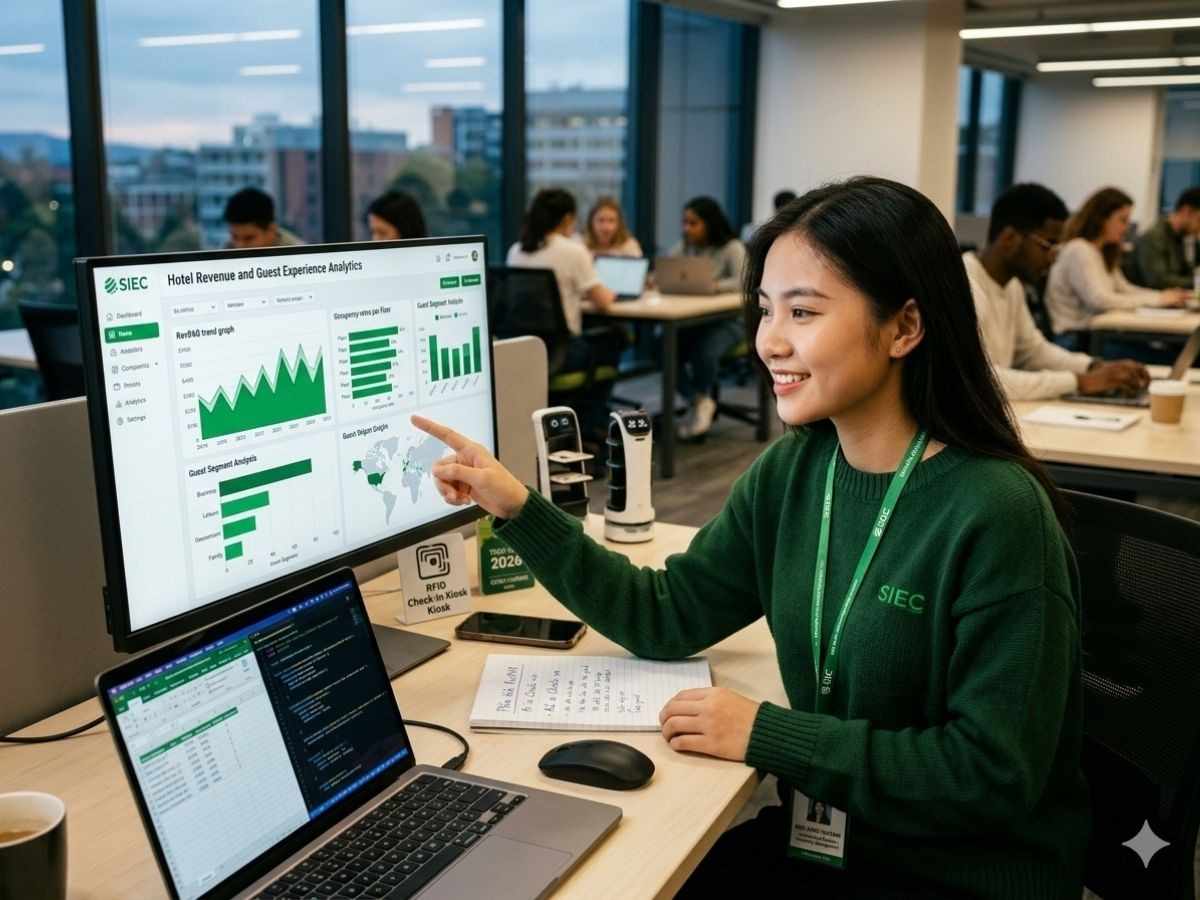 Sinh viên ngành quản trị khách sạn học tập kỹ năng công nghệ và quản trị doanh thu cấp cao