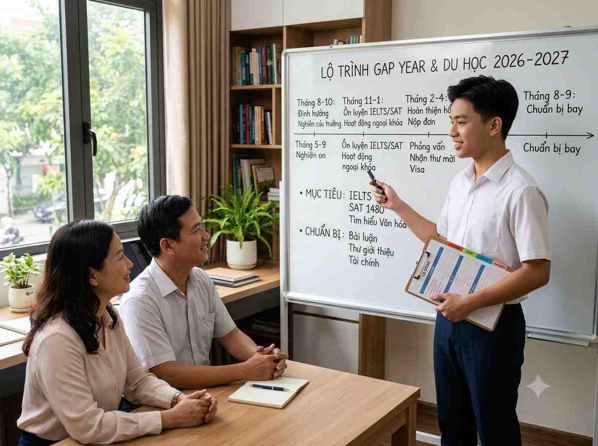 Học sinh với trang phục gọn gàng và kẹp tài liệu ngăn nắp đang thuyết trình lộ trình chuẩn bị du học cho phụ huynh trong năm Gap Year.